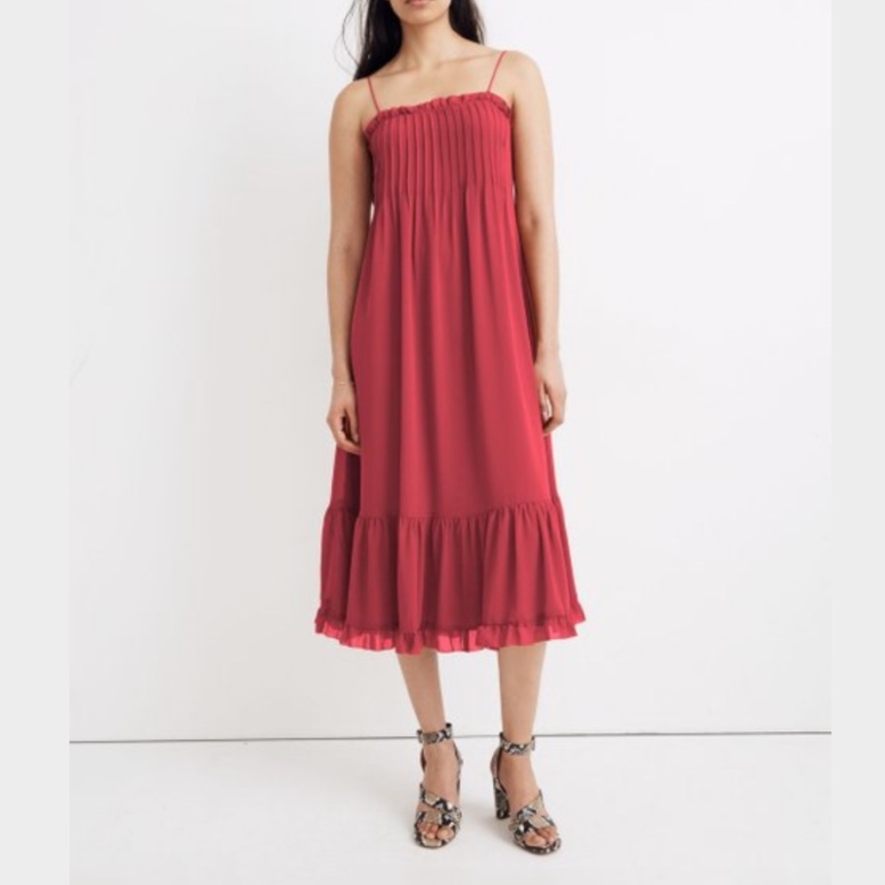 Madewell Cranberry Pintuck Ruffle-Hem Midi‎ Dress
